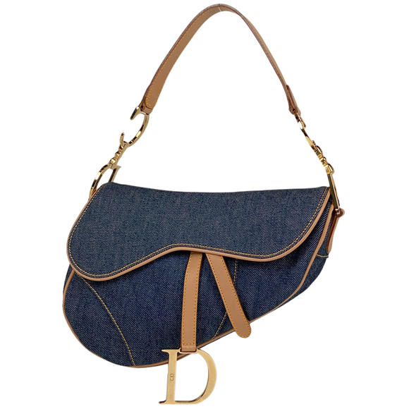 Christian Dior Saddle Bag Handbag Shoulder Denim Blue Beige - Picture 1 of 12